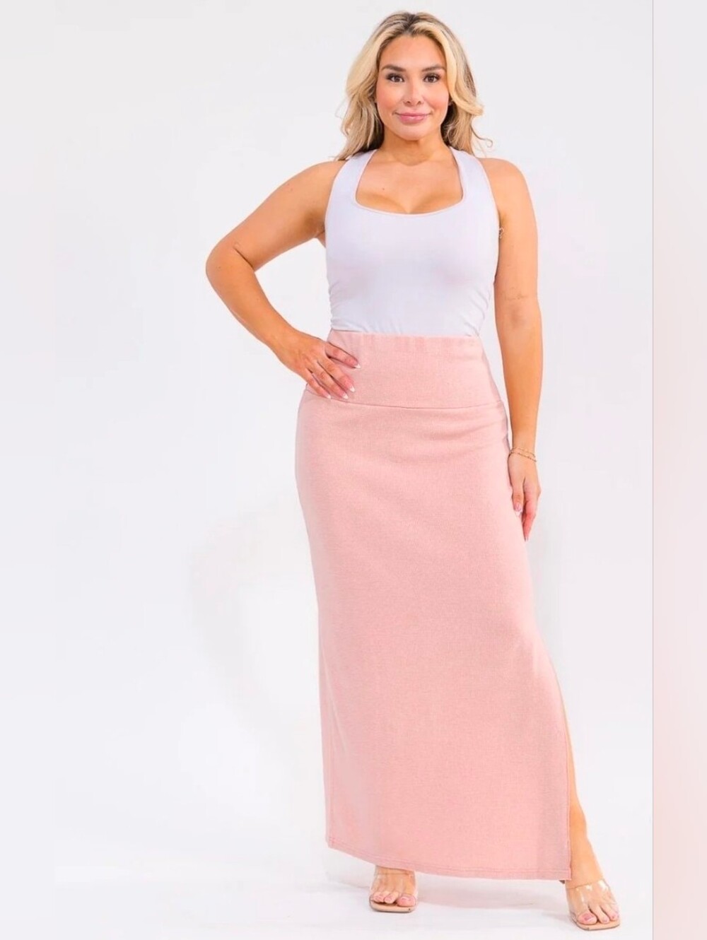 Women's High-Waist Maxi Skirt in Blush Pink With A Side Slit